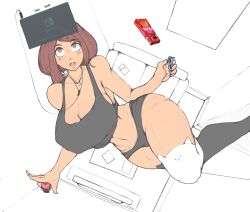 Rule 34 | 1girl, :o, alternate breast size, bed, bedroom, black thighhighs, boku no hero academia, box, breasts, cat thighhighs, earphones, feet out of frame, food, highres, huge breasts, joy-con, limited palette, navel, nintendo, nintendo switch, pocky, real life insert, room, smoxul, solo, tagme, thighhighs, uraraka ochako, white background, white thighhighs, zero gravity