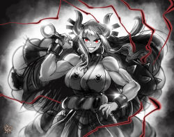 Rule 34 | 1girl, bare shoulders, black background, bracelet, breasts, club, club (weapon), earrings, greyscale, grin, hand on own hip, highres, hoop earrings, horns, japanese clothes, jewelry, kanabou, large breasts, long hair, looking at viewer, mace, monochrome, muscular, muscular female, one piece, red eyes, sideboob, sidelocks, smile, solo, spot color, the golden smurf, upper body, very long hair, weapon, white background, yamato (one piece)