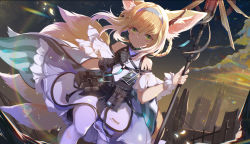 Rule 34 | 1girl, animal ear fluff, animal ears, arknights, azusa0v0, belt pouch, blonde hair, blue hairband, braid, braided hair rings, building, clenched hand, closed mouth, cloud, dress, dutch angle, earpiece, fox ears, fox girl, fox tail, frilled dress, frills, gloves, green eyes, hair rings, hairband, hand on own chest, hands up, highres, holding, holding staff, id card, infection monitor (arknights), kitsune, kyuubi, lens flare, light blush, looking at viewer, material growth, multiple tails, oripathy lesion (arknights), pantyhose, pouch, short hair, single glove, sky, skyscraper, solo, staff, suzuran (arknights), tail, torn clothes, torn pantyhose, white dress, white pantyhose, white wrist cuffs, wrist cuffs