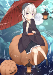 Rule 34 | 1girl, aroma0501, black footwear, black kimono, black ribbon, black skirt, blurry, blurry foreground, blush, cloud, collarbone, commentary request, depth of field, frilled skirt, frilled sleeves, frills, full moon, hair between eyes, hair ribbon, halloween, highres, holding, holding umbrella, jack-o&#039;-lantern, japanese clothes, kimono, lantern, lantern on liquid, long sleeves, looking at viewer, moon, night, no shoes, oil-paper umbrella, one side up, original, outdoors, paper lantern, parted lips, pleated skirt, pumpkin, purple eyes, red umbrella, reflection, ribbon, short kimono, silver hair, skirt, socks, solo, umbrella, water