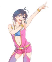 Rule 34 | 1girl, antenna hair, bare shoulders, belt, black hair, c062, center opening, idolmaster, idolmaster (classic), kikuchi makoto, microphone, music, navel, open mouth, outstretched arm, pink diamond 765, purple eyes, short hair, simple background, singing, solo, standing, star (symbol), white background, wrist cuffs