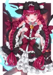 Rule 34 | 1girl, :d, alternate costume, animal ears, bell, black bow, blunt bangs, blush, bow, bowtie, braid, cat ears, cat tail, dress, fang, feet out of frame, frills, hair bow, hands up, highres, jaku sono, kaenbyou rin, long hair, multiple tails, nekomata, open mouth, pantyhose, paw pose, red bow, red bowtie, red eyes, red hair, skin fang, smile, solo, standing, tail, touhou, twin braids, two tails, very long hair