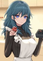 Rule 34 | 1girl, absurdres, alternate costume, apron, banned artist, black sweater, blue eyes, blue hair, breasts, byleth (female) (fire emblem), byleth (fire emblem), commentary request, fire emblem, fire emblem: three houses, food, hair between eyes, hands up, highres, holding, holding food, indoors, large breasts, long hair, long sleeves, looking at viewer, nintendo, ribbed sweater, shimizu akina, smile, solo, sweater, upper body, white apron