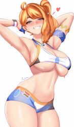 Rule 34 | 1girl, ahoge, anisdrawn, armband, armpits, arms up, bare shoulders, blue shorts, blush, breasts, commentary, cosplay, cowboy shot, creatures (company), crop top, game freak, green eyes, grin, heart, highres, large breasts, long hair, looking at viewer, midriff, navel, nessa (pokemon), nessa (pokemon) (cosplay), nintendo, nose blush, orange hair, pokemon, pokemon swsh, short shorts, shorts, side ponytail, simple background, smile, solo, sonia (pokemon), sports bra, standing, stomach, thighs, white background, wristband