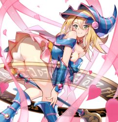 Rule 34 | 1girl, absurdres, ass, bare shoulders, blonde hair, blue footwear, blue hat, blush stickers, breasts, cleavage, dark magician girl, duel monster, fingernails, green eyes, hat, heart, highres, large breasts, long fingernails, long hair, magic circle, panties, pentacle, shiroyu, solo, underwear, wand, witch hat, wizard hat, yu-gi-oh!