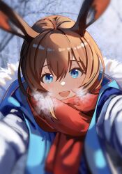 Rule 34 | 1girl, :d, amiya (arknights), animal ears, arknights, blue coat, blue eyes, blurry, blurry background, blush, breath, brown hair, close-up, coat, commentary, day, grey coat, hair between eyes, highres, long hair, long sleeves, looking at viewer, open mouth, outdoors, outstretched arms, procreate (medium), rabbit ears, rabbit girl, red scarf, round teeth, scarf, smile, solo, sunlight, symbol-only commentary, teeth, two-sided coat, two-sided fabric, upper body, upper teeth only, zeniaguan