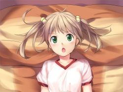 Rule 34 | 10s, 1girl, annoyed, bed, blonde hair, blush, from above, game cg, green eyes, gym uniform, hair bobbles, hair ornament, ibarazaki emi, katawa shoujo, looking at viewer, open mouth, solo, twintails