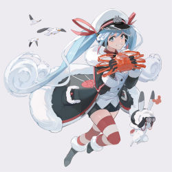 Rule 34 | 1girl, animal, binoculars, bird, black coat, black gloves, black necktie, blue hair, boots, buttons, coat, crab, double-breasted, fang, fur-trimmed coat, fur-trimmed hood, fur boots, fur trim, gloves, hair ribbon, hat, hatsune miku, highres, holding, holding animal, hood, its8b, light blue hair, long hair, looking at viewer, necktie, peaked cap, rabbit, rabbit yukine, red ribbon, red thighhighs, ribbon, sailor, seagull, simple background, smile, striped clothes, striped thighhighs, thighhighs, twintails, vocaloid, white headwear, white thighhighs, yuki miku, yuki miku (2022)
