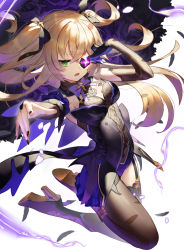 Rule 34 | 1girl, absurdres, bare shoulders, blonde hair, blush, bodystocking, bow, breasts, eyepatch, feathers, fischl (genshin impact), garter straps, genshin impact, gloves, glowing, glowing eye, green eyes, hair over one eye, high heels, highres, lightning, long hair, looking at viewer, open mouth, purple bow, purple neckwear, scottie (phantom2), single glove, single leg pantyhose, single thighhigh, small breasts, solo, thighhighs, thighs, two side up