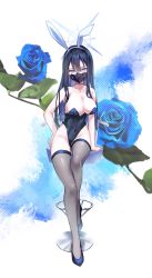 Rule 34 | 1girl, alternate costume, animal ears, bare arms, bare shoulders, black hair, black leotard, blue archive, blue flower, blue rose, breasts, choker, cleavage, collarbone, covered navel, flower, full body, grey eyes, grey thighhighs, groin, hairband, halo, high heels, highres, kairu (pixiv44336160), leotard, long hair, looking at viewer, mask, medium breasts, mouth mask, playboy bunny, rabbit ears, rose, saori (blue archive), sitting, solo, stool, thighhighs