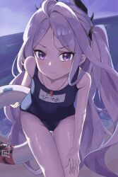Rule 34 | 1girl, ahoge, bare arms, bare legs, bare shoulders, blue archive, blush, closed mouth, demon horns, highres, hina (blue archive), hina (swimsuit) (blue archive), holding, horns, leaning forward, looking at viewer, one-piece swimsuit, purple eyes, school swimsuit, shino nome 08, side ponytail, swimsuit, thighs, white hair