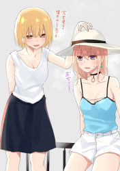 Rule 34 | 2girls, :d, bare arms, bare shoulders, black choker, black skirt, blonde hair, blue camisole, breasts, brown eyes, camisole, choker, cleavage, collarbone, commentary request, earrings, fang, grey background, hair between eyes, hand on headwear, hat, highres, jewelry, light brown hair, long hair, multiple girls, open mouth, original, piripun, railing, short shorts, shorts, sitting, skirt, small breasts, smile, standing, sun hat, sweat, tank top, translation request, white headwear, white shorts, white tank top