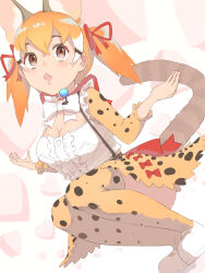 Rule 34 | 1girl, animal ears, bow, bowtie, brown eyes, brown hair, cat ears, cat girl, cat tail, extra ears, highres, kemono friends, kemono friends v project, kneehighs, large-spotted genet (kemono friends), long hair, microphone, ribbon, shirt, shoes, simple background, skirt, socks, solo, suspenders, tail, twintails, virtual youtuber, y0whqzz8bkslezl