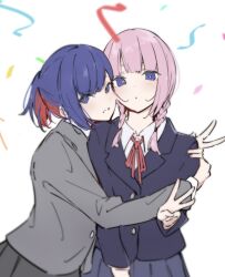 Rule 34 | 2girls, atenaba, black jacket, blue eyes, blue hair, blue skirt, braid, collared shirt, commentary, confetti, grey jacket, hashtag-only commentary, highres, hug, jacket, kaf (kamitsubaki studio), kamitsubaki studio, long sleeves, looking at viewer, multicolored hair, multiple girls, neck ribbon, parted lips, pink hair, pleated skirt, ponytail, red hair, red ribbon, ribbon, rim (kamitsubaki studio), school uniform, shirt, simple background, skirt, smile, streaked hair, twin braids, upper body, v, w, white background, white shirt, yellow pupils