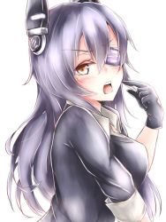 Rule 34 | 10s, 1girl, alternate hairstyle, bad id, bad pixiv id, blush, breasts, eyepatch, gloves, headgear, kantai collection, large breasts, long hair, neko sensha, open mouth, personification, purple hair, school uniform, short hair, solo, tenryuu (kancolle), white background, yellow eyes