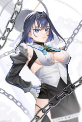 Rule 34 | 1girl, black gloves, blue eyes, blue hair, bow, breasts, chain, detached sleeves, earrings, gloves, hair intakes, hand on own hip, highres, hololive, hololive english, jewelry, large breasts, ouro kronii, ouro kronii (1st costume), skirt, striped clothes, striped skirt, virtual youtuber, zen (arzene )