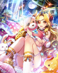Rule 34 | 1girl, blonde hair, blush, company name, earrings, eu (euspia), eyepatch, holding, holding stuffed toy, horns, jewelry, kneehighs, long hair, looking at viewer, maboroshi juuhime, parted lips, rubber duck, socks, solo, stuffed animal, stuffed toy, teddy bear, teeth, white socks, yellow eyes
