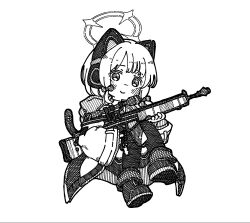 Rule 34 | 1girl, animal ear headphones, animal ears, assault rifle, blue archive, blush, bow, cat ear headphones, cat ears, commentary, fake animal ears, ganbarutoufu, gun, hair bow, halo, headphones, highres, holding, holding gun, holding weapon, jacket, legs, long sleeves, looking at viewer, midair, midori (blue archive), monochrome, rifle, scope, shoes, short hair, shorts, sidelocks, smile, solo, thighhighs, thighs, weapon, white background, wide sleeves