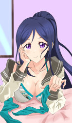 Rule 34 | 1girl, absurdres, artist name, artist request, bed, blue hair, blush, breasts, buttons, cleavage, close-up, collarbone, female focus, green neckerchief, green necktie, grey sailor collar, hair between eyes, hand on own cheek, hand on own face, high ponytail, highres, indoors, long hair, long sleeves, looking at viewer, love live!, love live! sunshine!!, matsuura kanan, medium breasts, neckerchief, necktie, on bed, parted lips, ponytail, purple eyes, sailor collar, school uniform, shirt, smile, solo, string bra, tie clip, undone necktie, untied neckwear, upper body, uranohoshi school uniform, white shirt