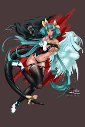 Rule 34 | 1girl, angel wings, asymmetrical wings, bare shoulders, belt, black panties, blue eyes, breasts, detached sleeves, dizzy (guilty gear), finger to mouth, guilty gear, guilty gear x, guilty gear xx, hair ribbon, hand on own chest, large breasts, looking at viewer, midriff, monster girl, navel, necro (guilty gear), panties, red eyes, ribbon, setumi, tail, tail ornament, tail ribbon, thick thighs, thigh strap, thighhighs, thighs, twintails, underboob, underwear, undine (guilty gear), wings, yellow ribbon