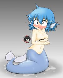 Rule 34 | 1girl, 2girls, animal ears, areola slip, blue eyes, blue hair, blush, breasts, completely nude, embarrassed, fins, head fins, highres, mermaid, monster girl, multiple girls, navel, nude, open mouth, shameimaru aya, short hair, smile, solo focus, suwa yasai, touhou, wakasagihime