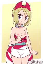 Rule 34 | 1girl, breasts, clothes pull, creatures (company), game freak, highres, irida (pokemon), jewelry, looking at viewer, neck ring, nintendo, nipples, pokemon, pokemon legends: arceus, pokemon swsh, pout, pouty lips, self-upload, shirt pull, shorts, small breasts, solo, teliodraw