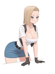 Rule 34 | 1girl, android 18, belt, bent over, blonde hair, blue eyes, blush, bob cut, breasts, cleavage, dragon ball, dragonball z, gloves, highres, hochihochiha, jewelry, large breasts, necklace, pearl necklace, shirt, simple background, skirt, vest, white background
