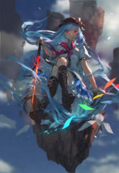 Rule 34 | blouse, blue skirt, boots, breasts, cloud, crossed legs, flaming sword, flaming weapon, floating, floating island, floating rock, food, from below, fruit, highres, hinanawi tenshi, long hair, looking at viewer, medium breasts, peach, petals, red eyes, ribbon, rock, scarlet weather rhapsody, shirt, short sleeves, sitting, skirt, sky, solo, swd3e2, sword, sword of hisou, touhou, weapon, white shirt