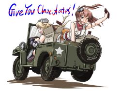 Rule 34 | 10s, 2girls, blonde hair, blue eyes, box, breast pocket, brown hair, car, chocolate, dated, dress, driving, elbow gloves, english text, fingerless gloves, gloves, headgear, iowa (kancolle), jeep, kantai collection, left-hand drive, long hair, looking at viewer, miniskirt, motor vehicle, multiple girls, neckerchief, pocket, ponytail, red neckerchief, saratoga (kancolle), side ponytail, skirt, spare tire, striped clothes, striped legwear, striped thighhighs, tatsumi ray, thighhighs, tire, twitter username, vehicle focus, vertical-striped clothes, vertical-striped legwear, vertical-striped thighhighs, wheel, white background, white dress