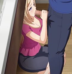 Rule 34 | 1boy, 1girl, animated, animated gif, blonde hair, blue eyes, breasts, censored, clothed sex, fellatio, from side, hetero, highres, huge breasts, indoors, inseki, kazoku: haha to shimai no kyousei, long hair, mature female, mosaic censoring, oral, squatting, stepmother, under table, watase otoha, wooden floor