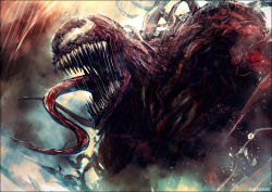 Rule 34 | 1other, artist name, carnage (marvel), creature, k-suwabe, long tongue, marvel, muscular, open mouth, saliva, sharp teeth, steam, symbiote, teeth, tentacles, tongue