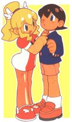 Rule 34 | blazer, blonde hair, border, brother and sister, capcom, casual, child, dress, full body, going out, high ponytail, ishikawa hideki, jacket, joints, loafers, looking at another, mega man (character), mega man (classic), mega man (series), necktie, official art, one eye closed, outline, outside border, puffy short sleeves, puffy sleeves, robot, robot joints, roll (mega man), shoes, short dress, short sleeves, shorts, siblings, socks, standing, white border, white legwear, white outline, winged hair ornament, yellow background