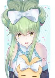Rule 34 | :d, absurdres, arm tattoo, black sleeves, borrowed hairstyle, bow, budgiepon, c.c., character name, cheese-kun, cinnamiku, cinnamiku hairstyle, code geass, collared shirt, cosplay, detached sleeves, folded twintails, green hair, hair between eyes, hair bow, hatsune miku, hatsune miku (cosplay), highres, long hair, looking at viewer, open mouth, sanrio, shirt, sleeveless, sleeveless shirt, smile, solo, tattoo, tied ears, updo, upper body, very long hair, vocaloid, white bow, white shirt, wing collar, yellow eyes