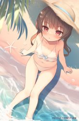 Rule 34 | 1girl, barefoot, beach, bikini, blush, breasts, brown eyes, brown hair, brown hat, from above, hat, highres, legs, long hair, looking at viewer, looking up, navel, original, outdoors, sitting, small breasts, soaking feet, solo, sun hat, swimsuit, thigh gap, thighs, tsumiki akeno, twintails, white bikini
