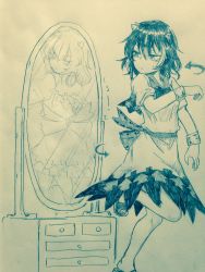 Rule 34 | &gt;:&lt;, 1girl, :&lt;, arrow (symbol), blush, bow, bowtie, bracelet, chest of drawers, closed mouth, commentary request, efukei, geta, hair between eyes, highres, horns, jewelry, kijin seija, knee up, looking back, mirror, monochrome, reflection, short sleeves, solo, standing, standing on one leg, sweat, touhou, traditional media, v-shaped eyebrows