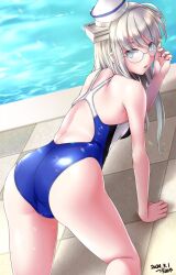 Rule 34 | 1girl, adjusting eyewear, ahoge, all fours, back, blue eyes, blue one-piece swimsuit, breasts, competition swimsuit, glasses, grey hair, hat, heywood l. edwards (kancolle), highres, kantai collection, long hair, looking at viewer, medium breasts, one-piece swimsuit, pool, poolside, solo, swimsuit, tsuchimiya, water