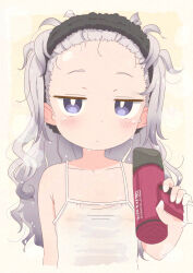 Rule 34 | 1girl, :/, artist name, blush, border, child, closed mouth, commentary request, dated, drying, flat chest, glaze artifacts, grey hair, hair dryer, highres, holding, holding hair dryer, long hair, looking at viewer, official alternate hairstyle, original, outside border, purple eyes, shirt, sleeveless, sleeveless shirt, solo, steaming body, tabasa (samansa ex), tabayan jigokuhen, upper body, wet, white border, white shirt, yellow background