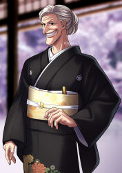 Rule 34 | 1girl, big nose, black kimono, blurry, blurry background, depth of field, dr. kureha, english text, grey hair, grin, highres, japanese clothes, kimono, looking at viewer, old, old woman, one piece, smile, teeth, youkan (tako)