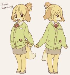 Rule 34 | 1girl, alternate language, animal crossing, animal ears, arms behind back, bell, black eyes, blonde hair, blush, closed mouth, dog ears, dog girl, dog tail, english text, female focus, flat chest, full body, furry, furry female, green jacket, grey background, grey footwear, grey skirt, hair bell, hair ornament, hair tie, hands together, happy, high heels, interlocked fingers, isabelle (animal crossing), jacket, jingle bell, light blush, long sleeves, looking at viewer, miniskirt, multiple views, neck ribbon, nintendo, open mouth, red ribbon, ribbon, shirt, shoes, short hair, simple background, skirt, smile, standing, tail, talking, topknot, white shirt, yagi (s1120411)