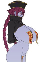 Rule 34 | 1girl, arms behind back, black hat, braid, breasts, colored skin, flat color, from side, hat, highres, houtengeki, huge breasts, jiangshi, long hair, long sleeves, navel, original, parted lips, purple hair, purple skin, simple background, solo, undead, white background, yellow eyes