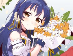 1girl blue_hair blush bouquet commentary_request detached_sleeves flower hair_between_eyes hair_flower hair_ornament holding holding_bouquet long_hair looking_at_viewer love_live! love_live!_school_idol_project simple_background smile solo sonoda_umi totoki86 white_flower yellow_eyes