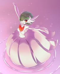 Rule 34 | 1girl, absurdres, armpits, arms up, bare shoulders, blush, bob cut, breasts, collarbone, colored skin, covered erect nipples, covered navel, creatures (company), dress, female focus, from above, full body, game freak, gardevoir, gen 3 pokemon, gloves, green hair, hair over one eye, happy, highres, hitmanatee, legs apart, light blush, looking at viewer, medium breasts, mega gardevoir, mega pokemon, nintendo, one eye covered, open mouth, outstretched arms, pink background, pokemon, pokemon (creature), red eyes, ripples, short hair, skindentation, smile, solo, sparkle, spread arms, standing, standing on liquid, strapless, strapless dress, teeth, underlighting, white dress, white gloves, white skin