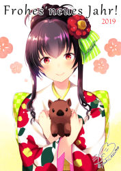 Rule 34 | 1girl, 2019, animal, animal hug, azuma yuki, blush, boar, bow, brown hair, checkered bow, checkered clothes, closed mouth, floral print, flower, german text, green bow, hair between eyes, hair bow, hair flower, hair ornament, happy new year, japanese clothes, kimono, long hair, long sleeves, new year, original, print kimono, red eyes, red flower, sidelocks, signature, smile, solo, striped, striped bow, translated, twitter username, upper body, white background, white kimono, wide sleeves