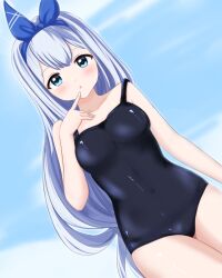 1girl anchor_(nikke) bare_arms bare_legs bare_shoulders bikini blue_eyes blue_hair blue_sky cloud goddess_of_victory:_nikke hair_ribbon long_hair looking_at_viewer one-piece_swimsuit ribbon sa_(nax49) sky solo swimsuit upper_body