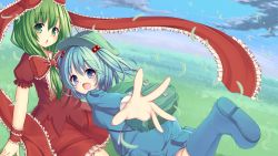 Rule 34 | 2girls, back, backpack, bad id, bad pixiv id, bag, blue eyes, blue hair, blue sky, bow, chestnut mouth, cloud, cloudy sky, day, dress, flower, frilled skirt, frills, front ponytail, grass, green eyes, green hair, hair bobbles, hair bow, hair ornament, hair ribbon, hat, highres, kagiyama hina, kawashiro nitori, leg up, long hair, long sleeves, looking at viewer, looking back, multiple girls, open mouth, outdoors, outstretched arm, plant, pocket, puffy short sleeves, puffy sleeves, reaching, reaching towards viewer, red dress, ribbon, shirt, short hair, short sleeves, short twintails, skirt, skirt set, sky, smile, topia, touhou, twintails, two side up, wrist ribbon