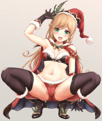Rule 34 | 1girl, :d, absurdres, armor, armpits, arms up, bare shoulders, bikini, black footwear, black gloves, black thighhighs, blonde hair, blush, bobblehat, breasts, cameltoe, cape, christmas, clarisse (granblue fantasy), cleavage, elbow gloves, full body, fur-trimmed bikini, fur-trimmed gloves, fur-trimmed headwear, fur trim, gloves, granblue fantasy, green eyes, grey background, hat, high heels, highres, holly, huge filesize, inanaki shiki, looking at viewer, medium breasts, mismatched bikini, navel, open mouth, partially visible vulva, red cape, red hat, santa bikini, santa hat, simple background, smile, solo, spread legs, squatting, stomach, swept bangs, swimsuit, thighhighs