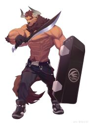 Rule 34 | 1boy, absurdres, alternate muscle size, animal ears, arknights, bara, chest tuft, cow ears, cow horns, dual wielding, full body, furrification, furry, furry male, highres, holding, holding shield, holding sword, holding weapon, horns, ju neng binggui, large pectorals, looking at viewer, male focus, matterhorn (arknights), minotaur, muscular, muscular male, nipple piercing, nipple rings, pectorals, piercing, serious, shield, short hair, shredded muscles, solo, standing, sword, thick navel hair, topless male, v-taper, weapon