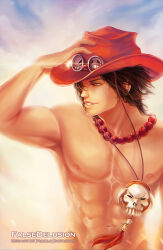 Rule 34 | 1boy, abs, artist name, bead necklace, beads, black hair, commentary, cowboy hat, deviantart username, english commentary, falsedelusion, freckles, hand on headwear, hat, instagram username, jewelry, male focus, necklace, one piece, orange hat, outdoors, pirate, portgas d. ace, realistic, short hair, skull, smile, solo, teeth, topless male, tumblr username