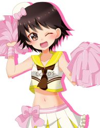 Rule 34 | 1girl, ;d, bad id, bad twitter id, beret, black neckerchief, bow, bow skirt, brown eyes, brown hair, cheerleader, coco&#039;s, commentary, cowboy shot, crop top, girls und panzer, hat, hat bow, highres, holding, holding pom poms, isobe noriko, looking at viewer, midriff, mini hat, miniskirt, navel, neckerchief, one eye closed, open mouth, pink bow, pleated skirt, pom pom (cheerleading), pom poms, sailor collar, shirt, short hair, silhouette, simple background, skirt, sleeveless, sleeveless shirt, smile, solo, standing, tanutika, tilted headwear, white background, white hat, white skirt, wristband, yellow sailor collar