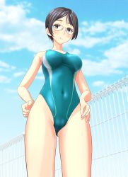 Rule 34 | 1girl, absurdres, aqua one-piece swimsuit, black hair, blue sky, breasts, brown eyes, cloud, competition swimsuit, covered navel, cowboy shot, day, fence, from below, glasses, highres, looking at viewer, mature female, medium breasts, multicolored clothes, multicolored swimsuit, one-piece swimsuit, original, outdoors, short hair, sky, solo, swimsuit, takafumi